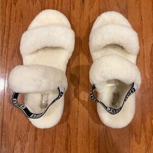 UGG White Furry Slippers with Black Strap